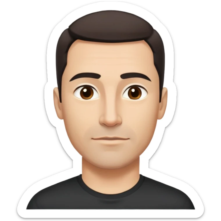 Attractive man in his 40s with youthful appearance, light brown skin, elongated face, defined jawline, medium dark eyes, arched eyebrows, straight nose, handsome friendly expression, short dark hair styled upward, athletic build, wearing a fitted black t-shirt sticker