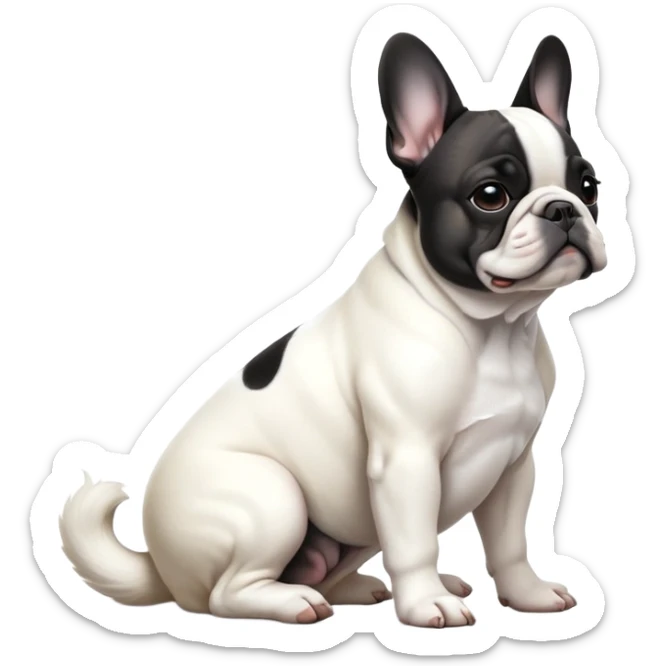 cinematic-[french bulldog]-realistic-full-body-sitting-emoji,-tail-resting-loosely-beside-its-paws,-head-tilted-dramatically,-sleek-[black ant whitepied]-fur,-simplified-yet-realistic-focused-features,-highly-detailed,-glowing-with-an-almost-sarcastic-glow sticker