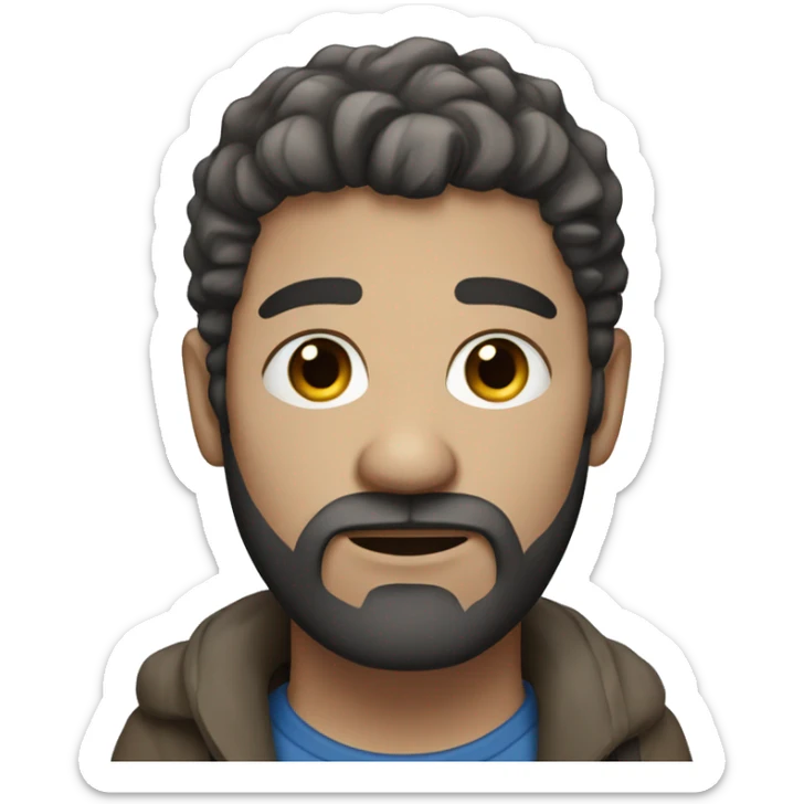 a homeless person, white skin, blue eyes, short hair, beard sticker