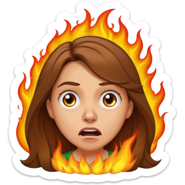 Woman with hair on fire looking stressed and panicked with brown shoulder length hair—longer hair please and light skin—an Irish gal sticker