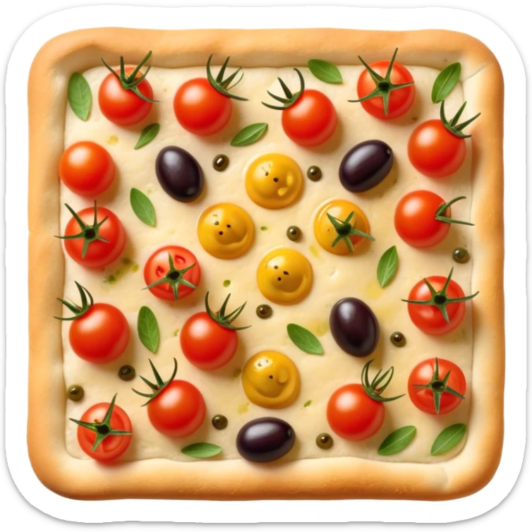cinematic-realistic-focaccia-bread-dish-emoji,-depicted-as-a-golden,-olive-oil-brushed-flatbread-sprinkled-with-herbs-rendered-with-lifelike-texture-and-soft,-appetizing-lighting showing olives on top and the cherry tomatoes sticker