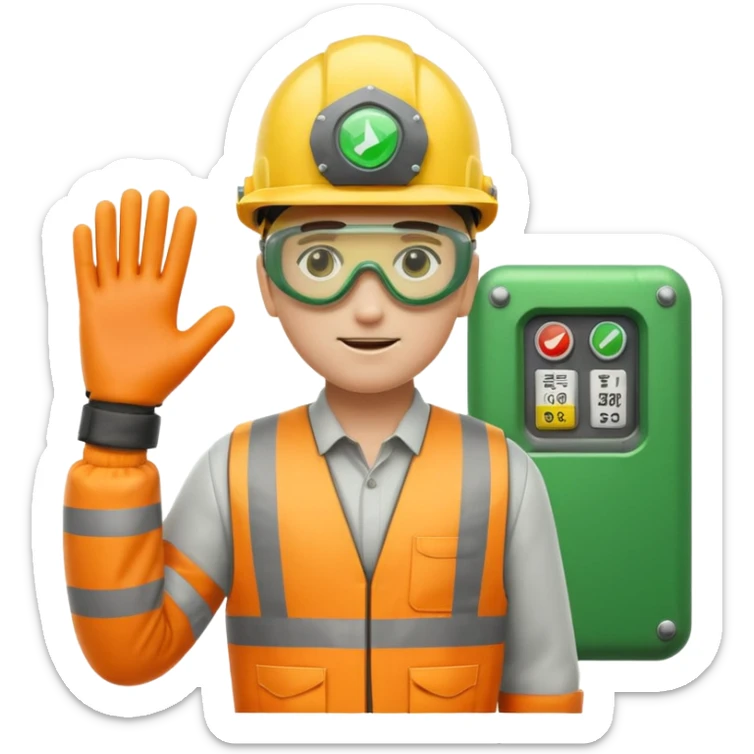 modern emoji icon of worker in helmet goggles gloves standing by guarded industrial machine with green shield safety signs industrial color palette yellow orange gray green emphasizing protection regulation machinery safety sticker
