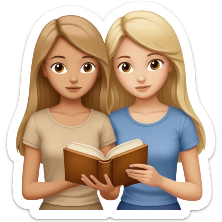 two beautiful girls in beige tops reading a beautiful vintage book. one is brown-haired, the other is blonde. both have long hair with sticker