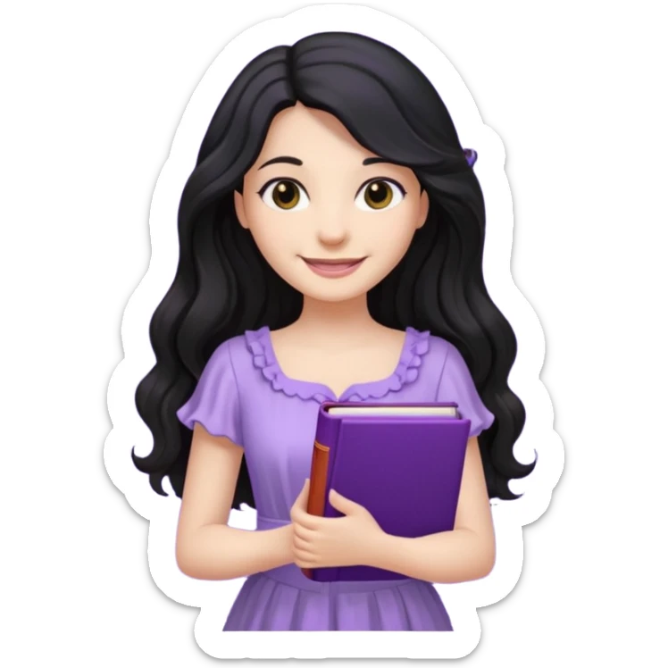 Long Hair Women with purple Book, Black wavy hair, light dress sticker