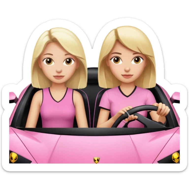 Car facing forward in pink sports car. The best friend girls are but smiling but very pretty, just neutral expression. One girl is blonde, one girl is brunette. Front of car sitting in the seats. Make it a pink sports car. They are two baddies make it a Lamborghini pink car  sticker