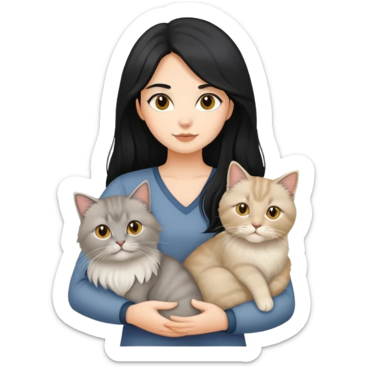 black hair girl holding a grey longhair cat and a british longhair golden cat and two british white longhair cat sticker