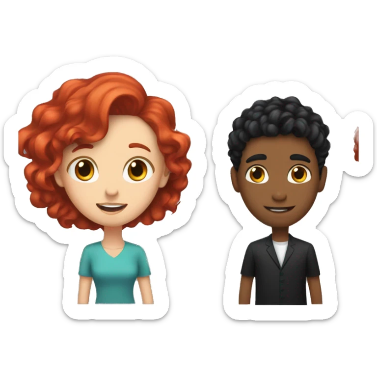 A girl with red wavy hair and a guy with black hair with a comb over, they toss sticker