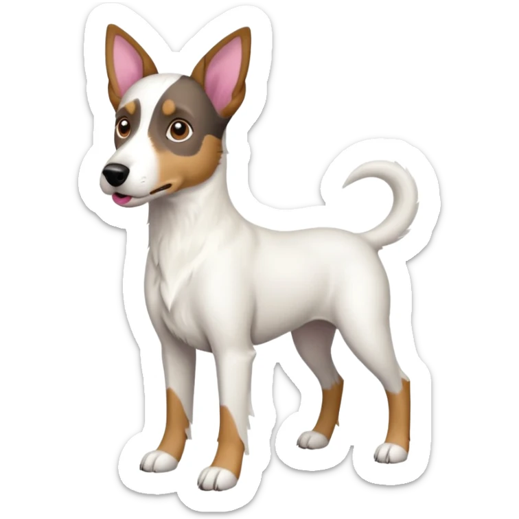 a full body large white floppy eared parson russell looking dog the size of a kelpie with light brown ears and a light brown patch on one eye and a large snout sticker