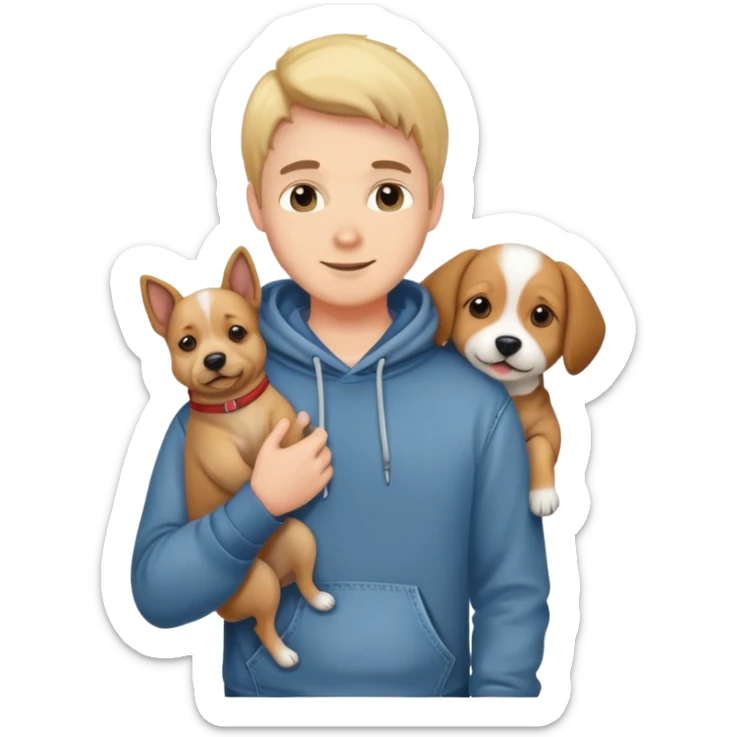 Cute dog lover boyfriend with soft smile, wearing hoodie and jeans, one dog   sticker