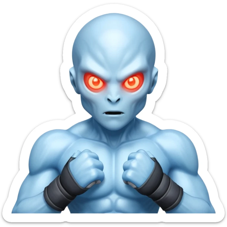 ice alien MMA fighter portrait, head and shoulders only, icy blue skin, frost aura, glowing cold eyes, combat gloves, 3D cartoon, mobile game icon style, clean background, no text, no watermark
 sticker