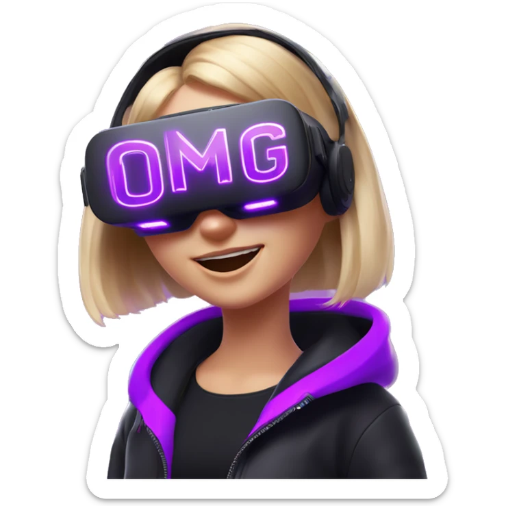 Russian girl wearing black hoody with violet letters "OMG", in vr headset oculus quest2. Dancing. Cyberpunk style. Violet neon. sticker