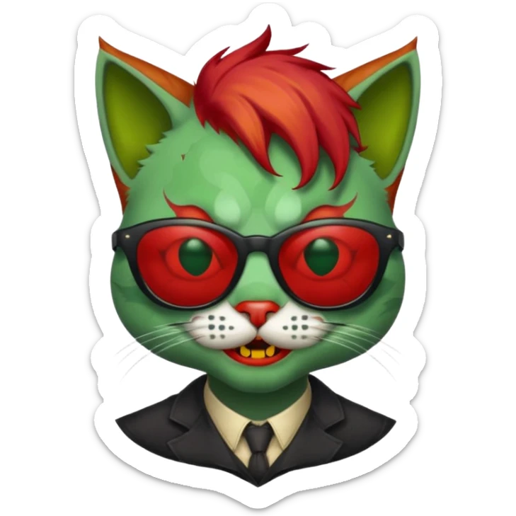 Zombie cat with sun glasses and red hair and joker nose sticker