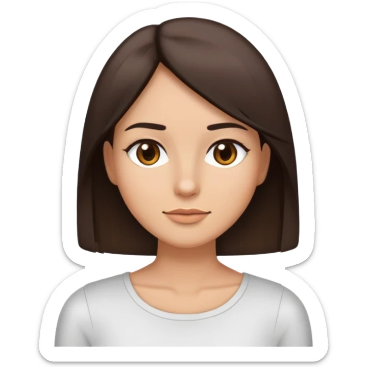 Brunette with straight hair, dark brown eyes, mid length hair, slight smile, really pretty, closed lips, cut off emoji mid waist sticker