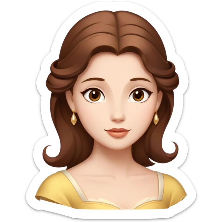 Cinematic Timeless Belle Portrait Emoji, rendered in a clean, vector style. Depict Belle with fair, luminous skin, beautifully arranged brown hair, and a serene, graceful expression, dressed in her classic attire. The design features bold, simplified shapes, a soft, enchanting glow, and a subtle glowing outline, capturing the essence of pure, timeless beauty. sticker