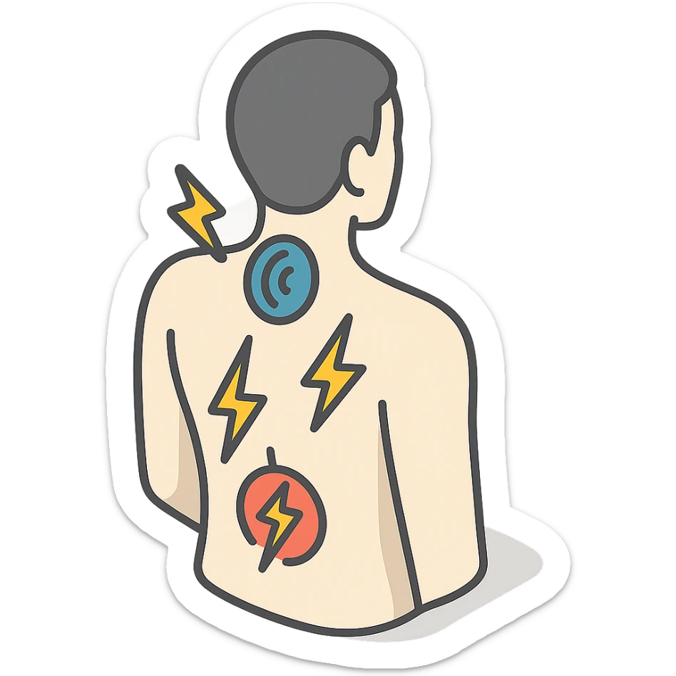 silhouette of a back with pain zones in the neck, lower back, and shoulder blades, with symbolic icons of pain or stress such as lightning bolts and pulses, representing psycho-emotional tension, 2D isometric style with clear shadows and highlights, transparent background sticker