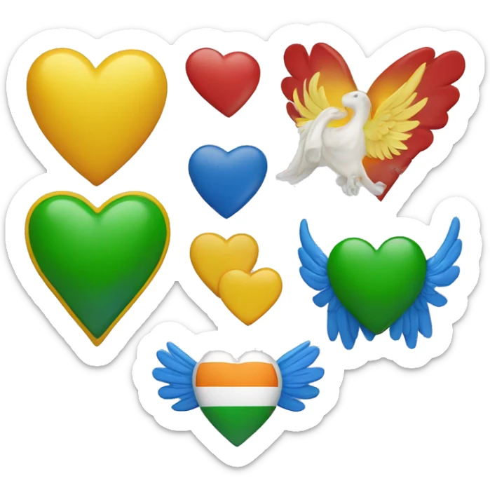 Yellow heart, green heart, Irish flag, blue heart, wings around red heart in a row sticker