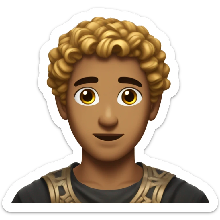 make an emoji a big greek boy who has an hourglass figure, he loves food, and has a lucious middle part black haie which flows down his head and neck, he is beatiful and young, reminiscant of a young greek god, brown golden skin sticker