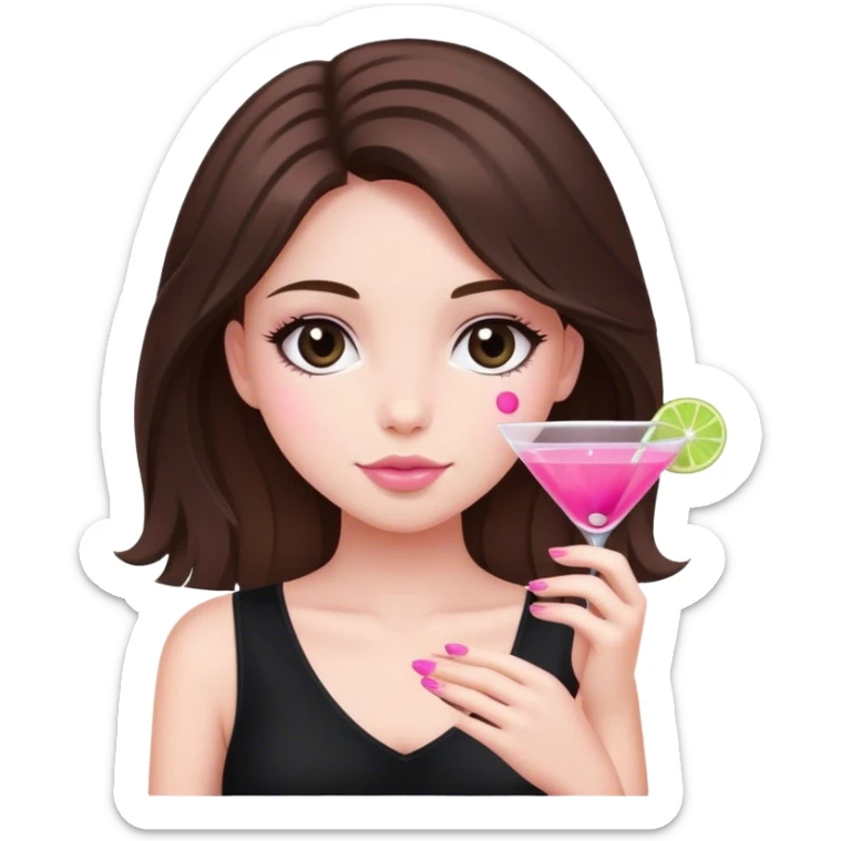 brunette hair down girl black top holding a pink cosmo sticker