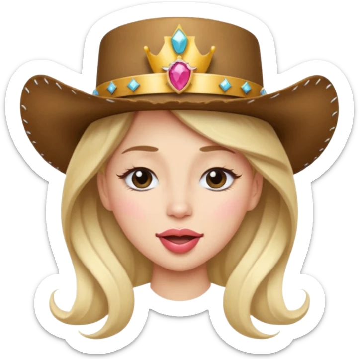 a princess with a cowboy hat but crown ontop of the hat with tounge out and eyes closed with lashes.  sticker