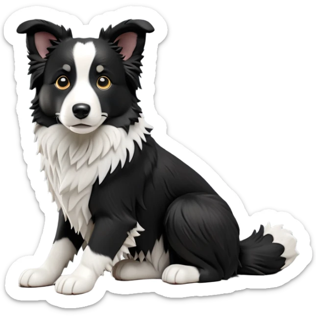 cinematic-[border collie dog]-realistic-full-body-sitting-emoji,-tail-resting-loosely-beside-its-paws,-head-tilted-dramatically,-scruffy-[black and white]-fur,-simplified-yet-realistic-focused-features,-highly-detailed,-glowing-with-an-almost-sarcastic-glow sticker
