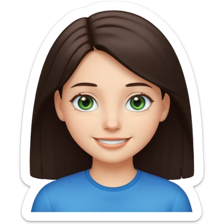 Create a girl with dark brown straight hair and bluey green eyes, cartoon emoji sticker