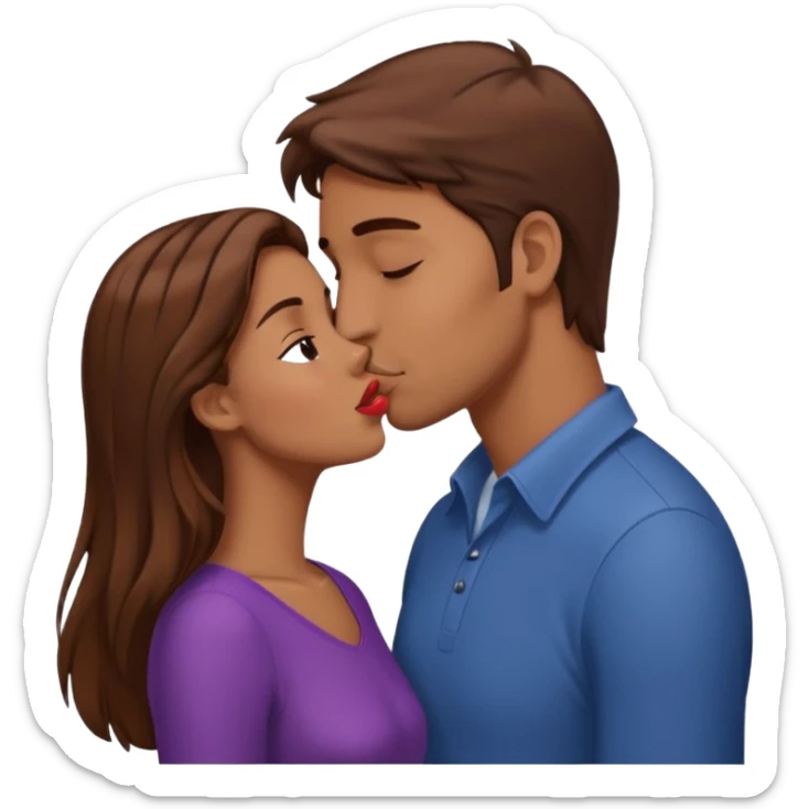 A naked girl with brown hair and bare small breasts openly kisses a tall guy with brown hair full-length on the lips sticker