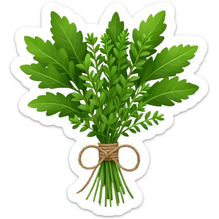 bouquet garni, small bundle of thyme, bay leaf, parsley, tied with twine, green leaves, textured, neat, soft lighting, subtle shadows, no pot, no dish, no faces, emoji scale sticker