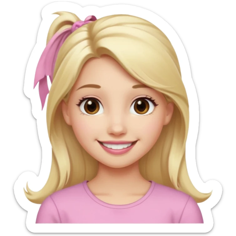 a cute woman like a barbie is smiling, her hair is long, blonde and half ponytail, her eyes color are brown and the color of her lip is soft pink sticker
