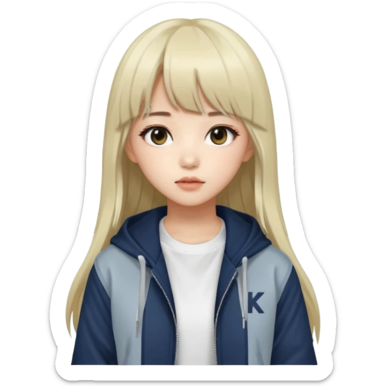 Portrait of a young female K-pop idol, wearing a stylish streetwear outfit with layered clothing, long hair with bangs, cool face sticker