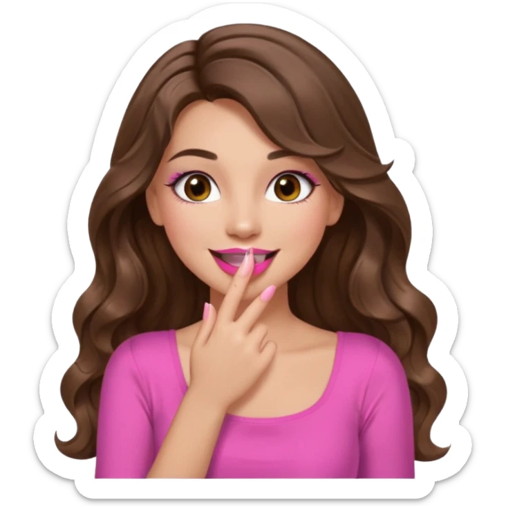 girl with long wavy brown hair, brown eyes, long lashes makeup, pink lips, light to medium complexion, pink sexy top, smiling, hand covering the mouth, giggling sticker