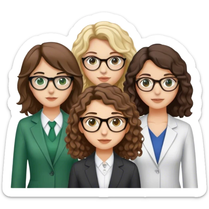 4 professionnel,une  turque avec les cheveux brun un peu décoiffer. une  jeune fille brune avec les cheveux légèrement bouclé et les yeux marron, une jeune fille blonde,de avec les cheveux bouclé qui arrive au épaules avec des lunettes et une jeune fille brune avec les cheveux lisse long, yeux vert  sticker