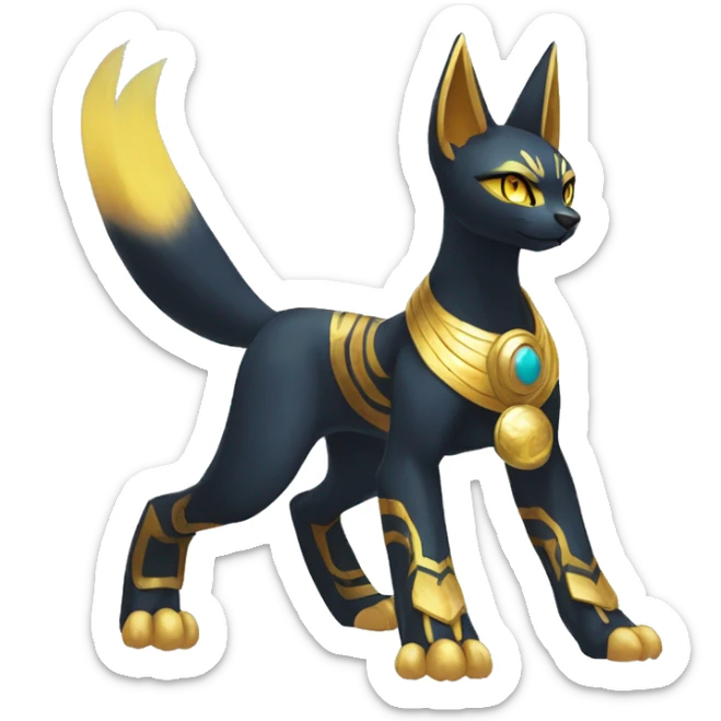 Black godly overpowered ethereal majestic Egyptian Lucario-Litten-Cat-Fakemon. Golden Anubis-Rings and yellow ring-markings. Full body sticker