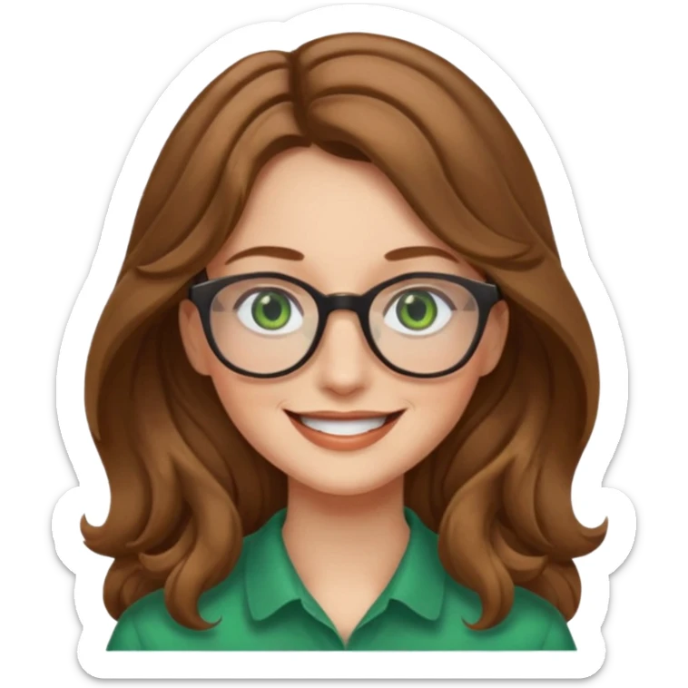 long wavy light brown hair woman with green eyes and glasses smiling closed mouth. middle part hair.  sticker