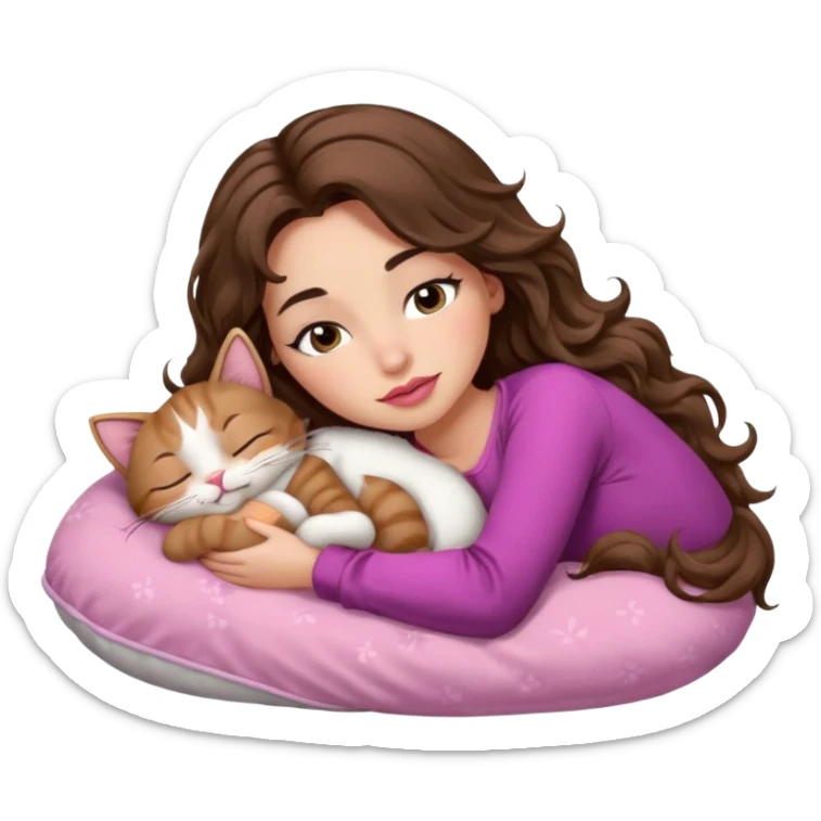 girl with long wavy brown hair, brown eyes, long lashes makeup, sexy pink lips, light to medium complexion,  sleeping on a cozy pillow, with 6 cats, sleeping sticker