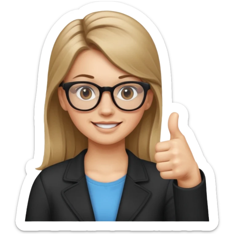 White girl with dark blonde hair in a ponytail and glasses giving the thumbs up sticker