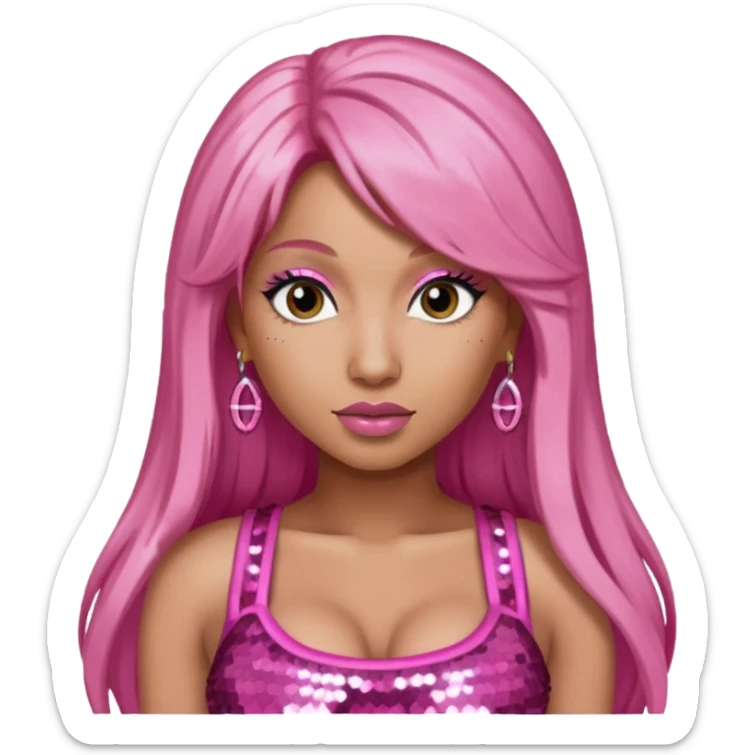 Nicki Minaj with long pink hair, pink sequin crop top, dark brown eye sticker
