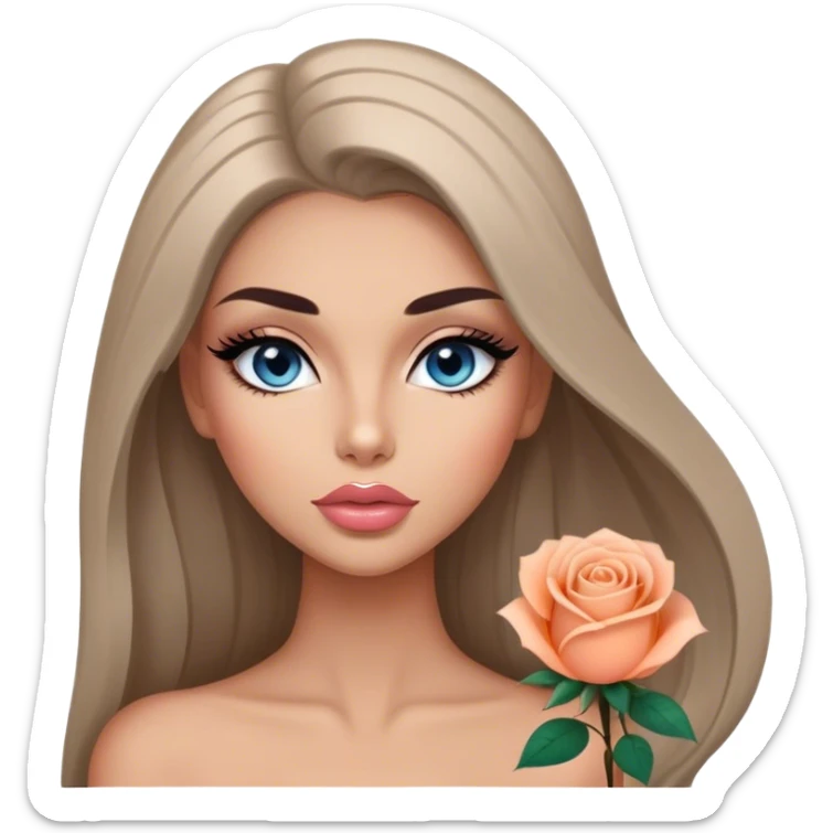 Glamours, tanned, very beautiful girl, with big pump peach-beige-rose lips, long long lashes, black straight smooth silky long hair, straight parting hair, blue-grey eyes sticker