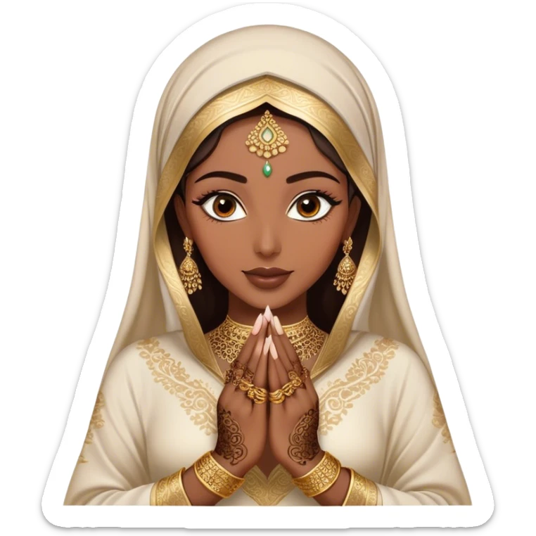 An Arab woman,showcasing her beautifully adorned hands with intricate henna designs  and long, elegant nails. She wears multiple gold rings that complement her shimmering golden Arabic traditional abaya sticker