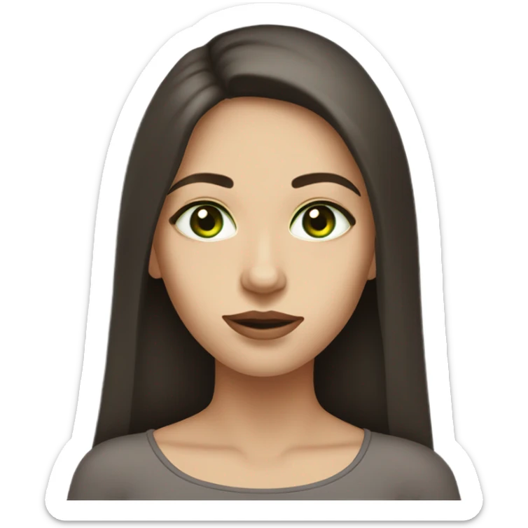 Female with long dark brown hair with fair skin and light green eyes and slim face with full lips and a few moles on the face near the lips  sticker