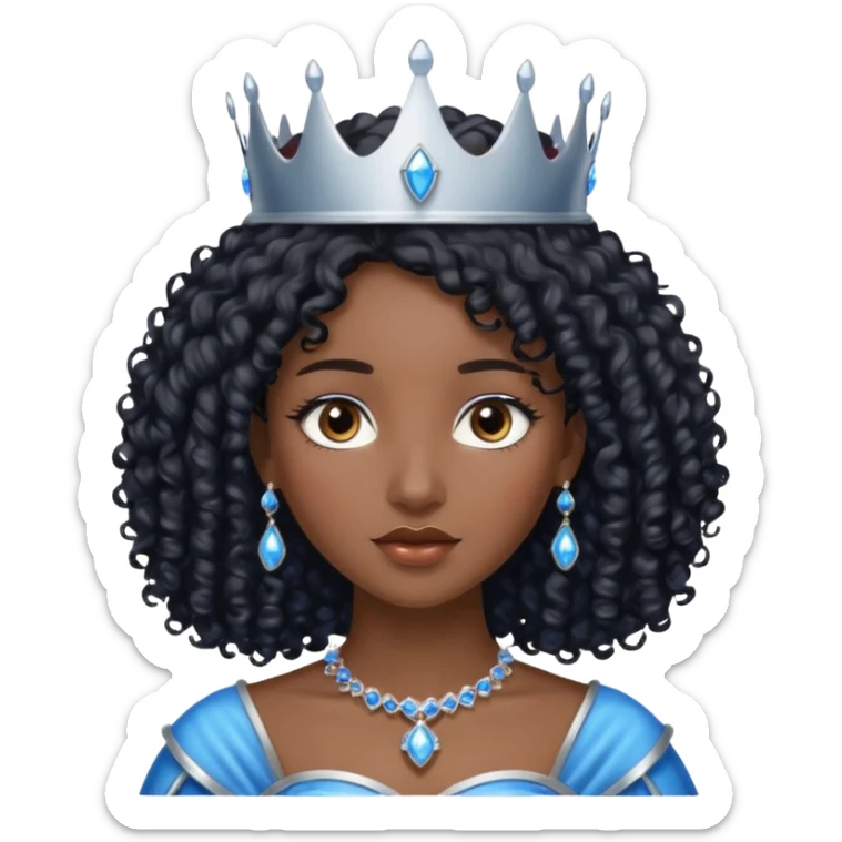 Por favor hazme el emoji de la princesa pero morena con el pelo negro y rizado, los ojos marrones y la corona plateada con jollas azules sticker