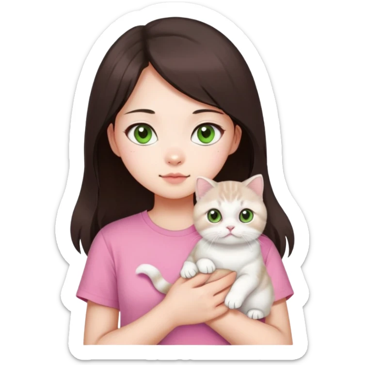 This Chinese girl has fair skin. She has long dark brown hair and is wearing a pink T-shirt. She is holding a white Scottish Fold cat, her cat has light green eyes sticker