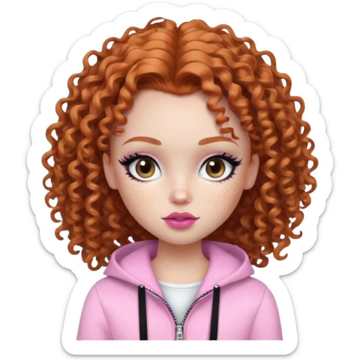 pretty bratz girl, ginger curly hair, freckles, dark brown eyes, pink lips, black eyeliner, pale skin, cute girly clothes sticker