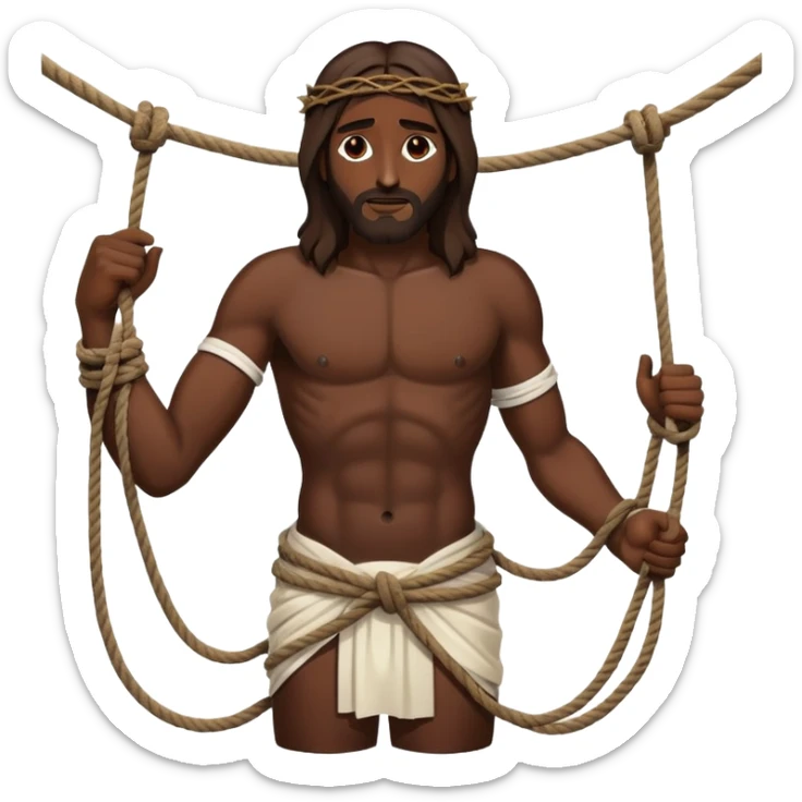 Dark skin christ Jesus tied to ropes with injured  sticker