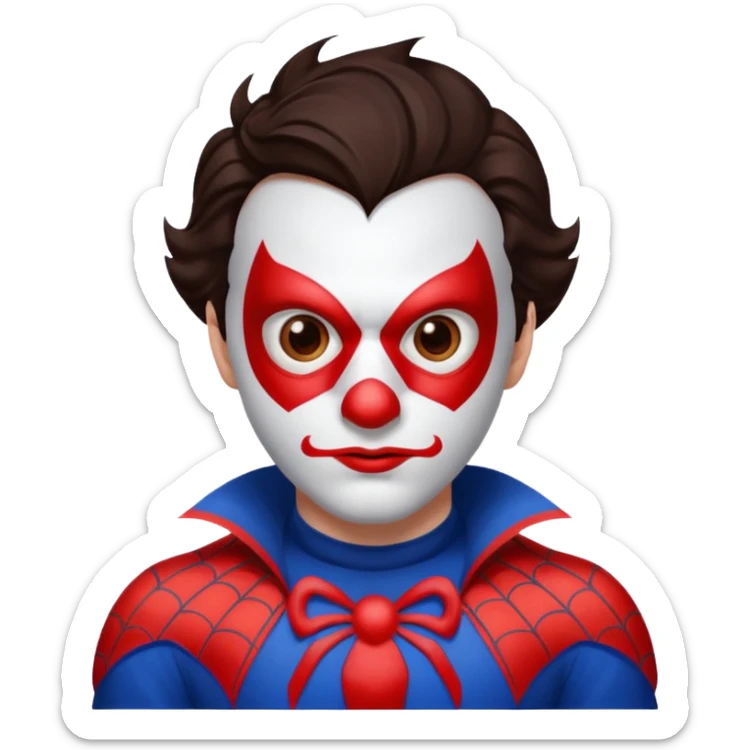 Create a man with brown eyes and dark hair into Spider-Man and a clown nose sticker