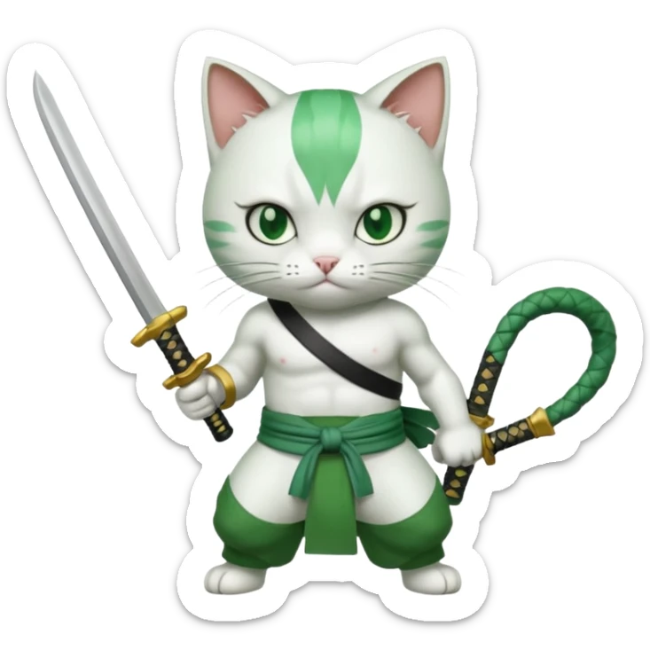 un gato blanco con reeferencia a roroa zoro "una espada en cada mano y una en la boca sticker