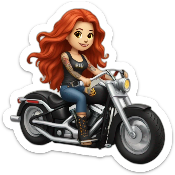 A pretty long red haired girl with a lots of tattoos riding a Harley motorcycle sticker