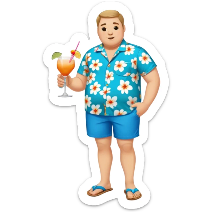 chubby guy full figure in a flowered azure havai shirt, brown shorts and flippers holding a cocktail sticker