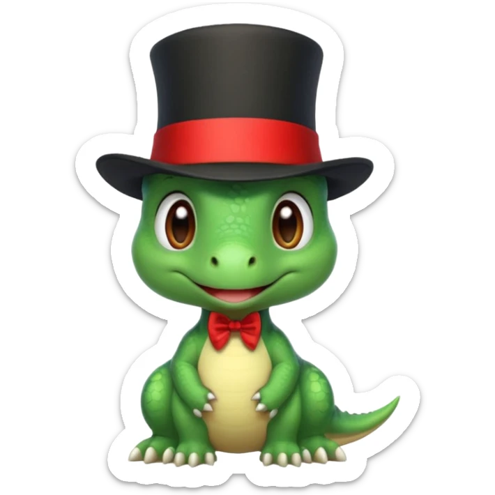 A very cute and adorable green anthropomorphic baby dinosaur with a red top hat sticker