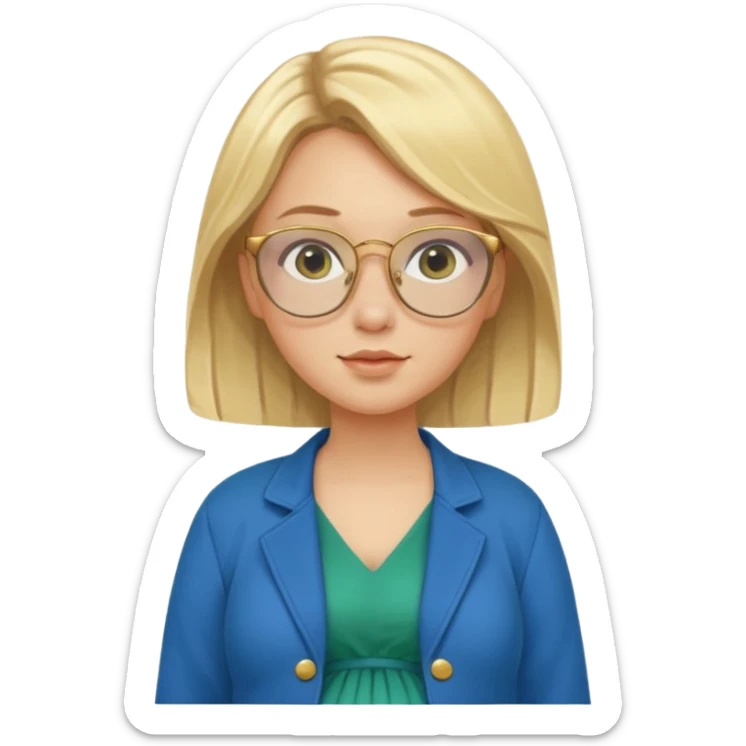 pregnant blonde 18-year old with golden glasses in a bright blue dress and a dark green jacket on top of the blue dress standing sassily sticker