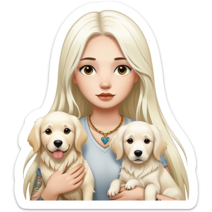 girl with long white  straight hair and tattoos and two white Golden Retriever sticker